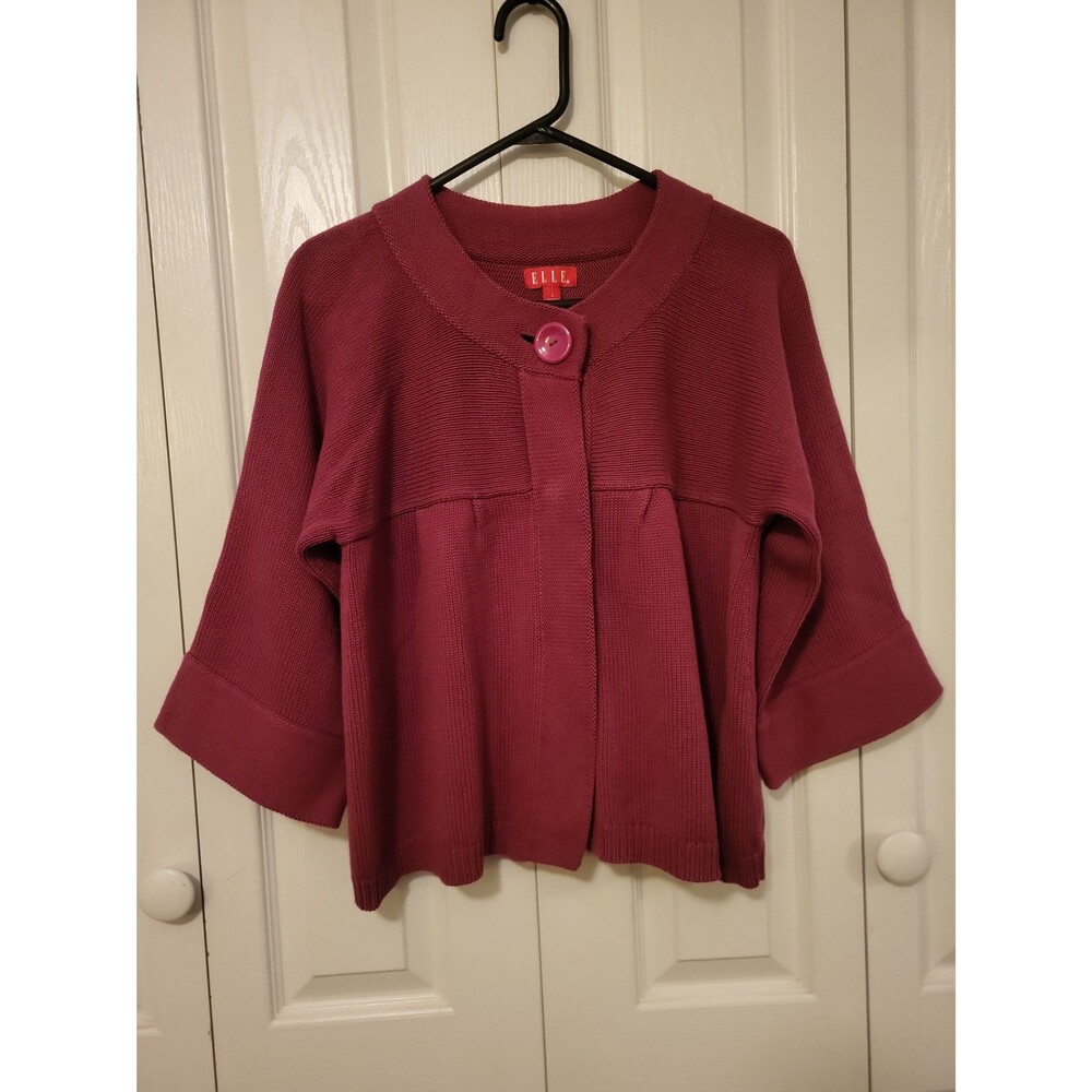 ELLE Women's Purple Button Front 3/4 Sleeve Cardigan Sweater